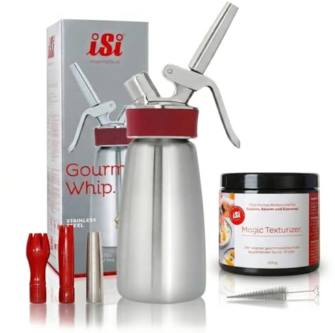 iSi Sahnespender 250ml Edelstahl – Profi Sahnesyphon für Schlagsahne & Espuma – Gourmet Whip inkl 3 Tüllen & Reinigungsbürste – Sahnesiphon Flasche + Magic Texturizer
