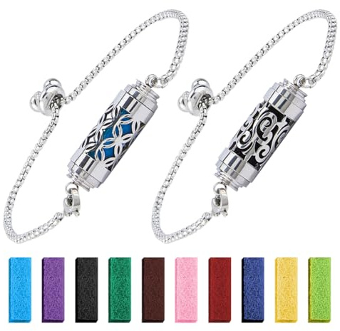 SUPERFINDINGS 2 Styles Essential Oil Diffuser Bracelet Set Stainless Steel Adjustable Aromatherapy Bracelet Refill Pads with 10Pcs Perfume Pads Adjustable Bracelet Set for Women Mom Gift