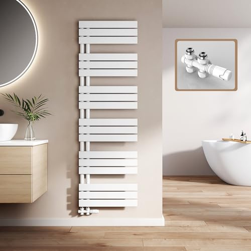 EMKE Badheizkörper mit Multiblock 1599x500 mm, Flach Handtuchheizkörper mit Seitenanschluss, Effizienter Handtuchwärmer Handtuchtrockner Heizkörper für Bad, Weiß, 794W