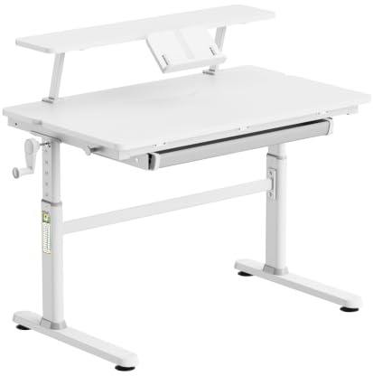 HOKO Kinderschreibtisch 100x60 cm mit Schreibtischaufsatz & Buchstütze | von 54 bis 76 cm höhenverstellbar, 100x40 cm neigbare Tischplatte, 90x20 cm Tischaufsatz mit Buchstütze, Weiß, JANA & JONA
