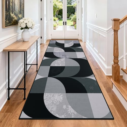TUKDAK Boho Teppich Läufer Flur 80x200 cm, Schwarz Küchenteppich Waschbar, Geometrisches Läufer rutschfest Lang, Weicher Kurzflor Küchenläufer für Eingänge Schlafzimmer Wohnzimmer Korridor Küche