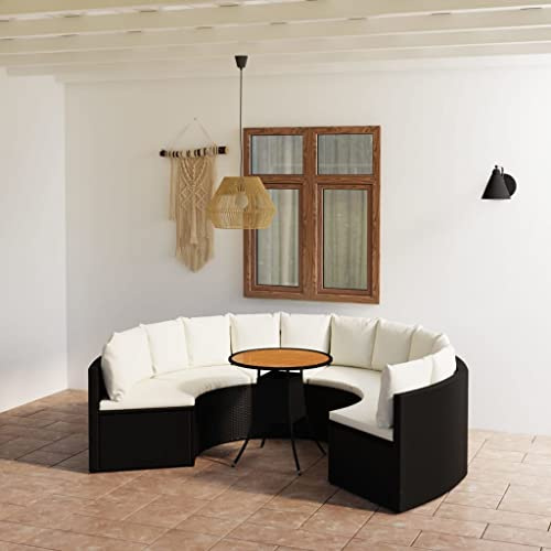 QJBSAVVA Ensemble de 7 meubles de jardin en polyrotin noir avec table en bois d'acacia Ø 70 cm en forme d'éventail, coussins blanc crème, meubles d'extérieur pour jardin, terrasse et balcon