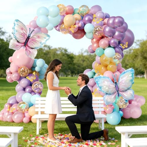 KUKUTrue® Set de Globo Mariposa Primaveral, Arco Globos, Arco para Globos, 103 Piezas, Paleta de Colores Azul & Lila, Decoración Primaveral Elegante con Acentos Mariposa para Momentos Especiales