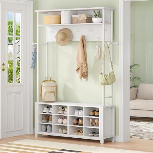Hzuaneri Garderobenständer mit Schuhbank, 13 Haken, Weiß | Garderobe, 14 Offene Fächer, Verstellbare Regalböden, Kleiderständer für Flur, Eingangsbereich, 31 x 110 x 187 cm, HT17913W