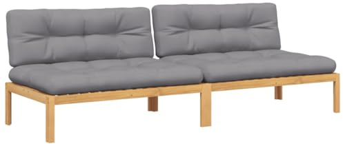 Mhdvray 2er Set Garten-Mittelsofas aus massivem Akazienholz, Modulares Lounge-Sofa für Terrasse und Garten, Terrassenmöbel inkl. bequemen grauen Polstern, 120 x 92 x 69 cm
