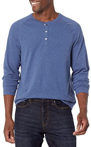 Amazon Essentials Men's Regular-Fit Long-Sleeved Henley Shirt (Available in Big and Tall), Blue Heather, L