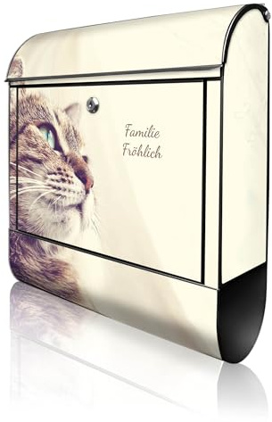 banjado Design Briefkasten personalisiert 38,5x46,5x13cm & 2 Schlüssel - Briefkasten Stahl Schwarz Zeitungsfach pulverbeschichtet - Postkasten A4 Einwurf inkl. Montagematerial - Motiv Holgerson
