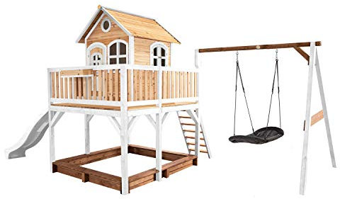 AXI Spielhaus Liam mit Sandkasten, Nestschaukel & weißer Rutsche | Stelzenhaus XXL in Braun & Weiß aus FSC Holz für Kinder | Spielturm mit Wellenrutsche & Schaukel für den Garten
