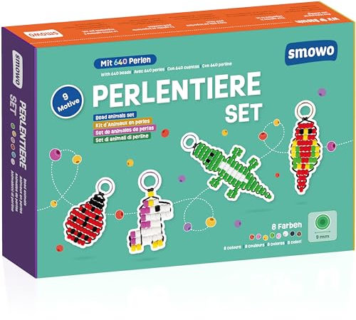 Smowo® Pysselset med pärldjur för 9 nyckelringar – pyssellåda för barn för pyssel och pärlor att trä på