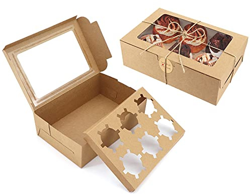 10er Pack Kraftpapier Cupcake-Boxen mit Fenster und Beilagen, braune Backschachteln Kekskuchen-Boxen mit Juteschnur und Aufklebern für Cupcake, Keks, Dessert, Gebäck (6 Einsätze)