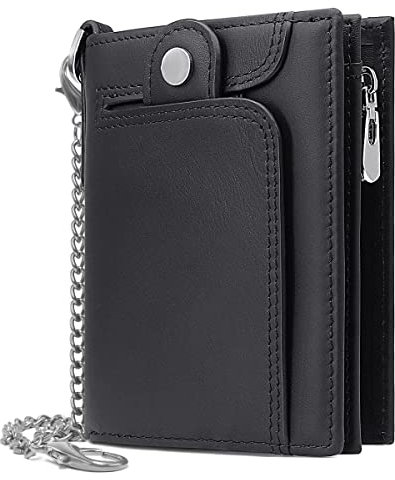 REETEE Geldbörse Herren RFID Schutz Klein Portmonee Echtem Leder Geldbeutel Männer mit Kette Portemonnaie Herren mit Reißverschluss Münzfach und 14 Kartenfächer Herrenbrieftasche (Schwarz)