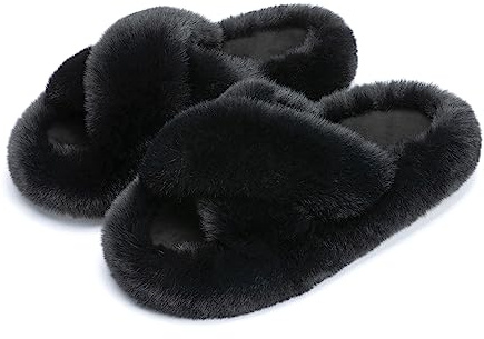 Chantomoo Women's Cross Slippers Memory Foam House Bedroom Slippers for Women Fuzzy Plush Comfy Faux Fur Lined Slide Shoes Anti-Skid Sole Trendy Gift Slippers Black Size 9 10 8.5