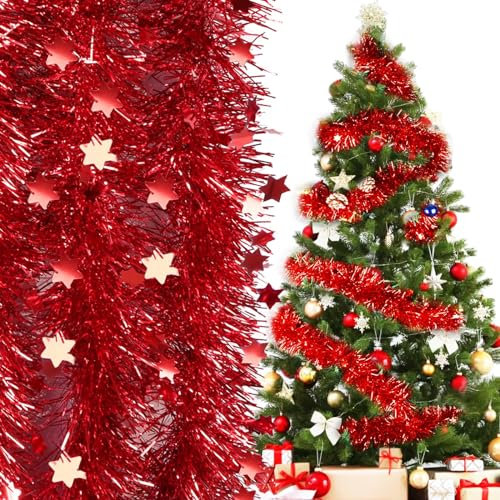 39feet/12m 6pcs Christmas Tinsel Garland Red Tinsel for Christmas Tree Metallic Tinsels Christmas Tree Decorations Xmas Party Decorations (Red)
