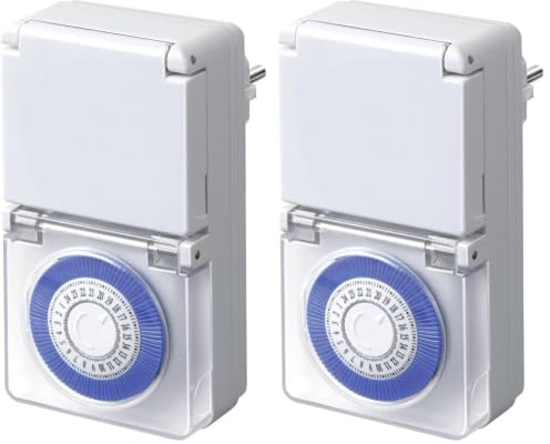 Brennenstuhl Zeitschaltuhr MMZ 44, mechanische Timer-Steckdose (Tages-Zeitschaltuhr, IP44 geschützt, mit erhöhtem Berührungsschutz und Schutzabdeckung) weiß (Packung mit 2)