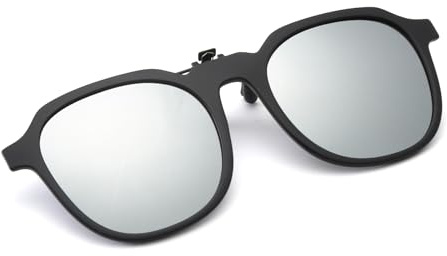Lång behållare polariserad clip-on solglasögon över receptbelagda glasögon män kvinnor flip up körglasögon anti-bländning fyrkantig rund klämma på solskydd UV400, Silver speglad