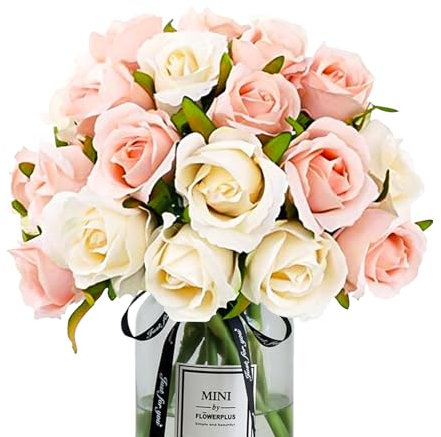 Roses Artificial Flowers, 12 pcs Champagne & Light Pink Roses Fake Flower, Realistic Flower Arrangements, Bridal Wedding Bouquet, Decorative Faux Floral for Home Party Office Hotel Table Kitchen Decor