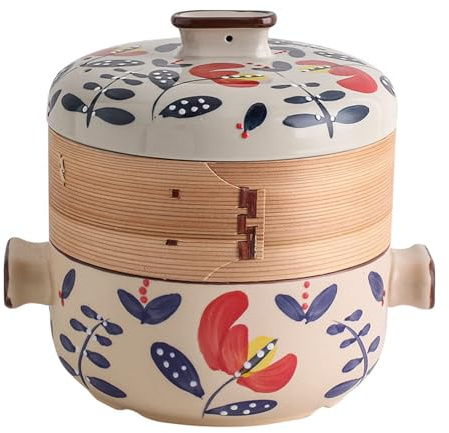 RSBFER Olla de cazuela Japonesa con Cesta de Vapor de bambú, cazuela de cerámica, Olla de Arcilla, Olla de Vapor para cocinar en la Cocina,C,4L
