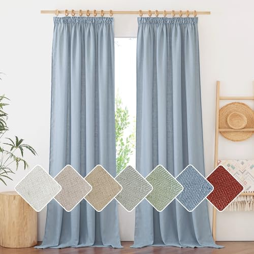 PONY DANCE Boho Leinen Vorhang Halbtransparente Gardinen Schienensystem | Spa-blau,2er Set,H245 x B140 cm,Leinenvorhang mit Kräuselband,Leinenoptik Gardinen Wohnzimmer,Linen Curtains Living Room