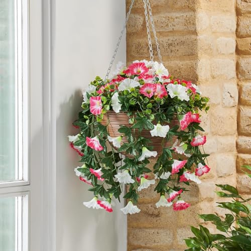 Artificial Summer Bloom Regal Hanging Basket - UV & Weather Resistant Faux Flower Display in Pot with Metal Chain, Outdoor Garden Decoration for Patio, Decking, Yard, Balcony - H57 x 30cm Diameter
