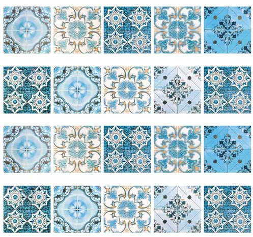 Hsthe Sea 20 Piezas Pegatinas de Azulejos Azules para baño, Cocina, Azulejos de Vinilo autoadhesivos para Pared, Impermeables (15x15cm)
