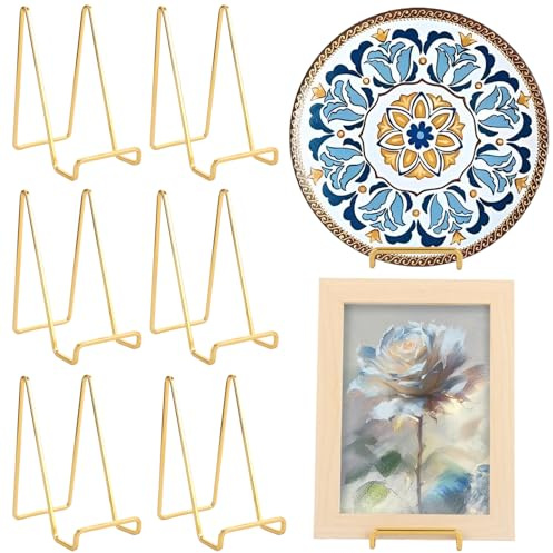 YAYODS Lot de 6 Support d'Assiette Décoratif 14 cm Or - Chevalet en Métal pour Cadre Photo, Livre, Tableau et Œuvres d'Art - Présentoir de Table Minimaliste et Robuste