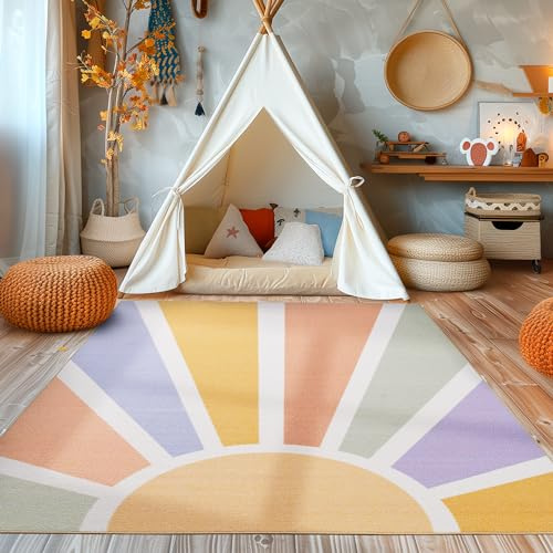 SIMPEX Kinderteppich Mehrfarbig 100x150 cm Sonne Design Modern rutschfest Waschbar Pflegeleicht Extra Weich Antiallergen Babyteppich Kinderzimmer Jungen Mädchen
