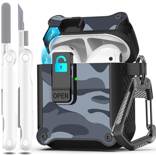 R-fun Compatibile con la custodia Airpods con clip di chiusura automatica e sicura, custodia rigida protettiva e robusta per Apple Airpods 1 e 2 con portachiavi,Mimetizzazione grigia