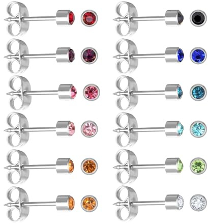 JUSTJANDM 12 Pairs Ear Piercing Stud Earrings for Ear Piercing Guns, Surgical Stainless Steel Multicolor Round Heart Star Cubic Zirconia Birthstone Stud Earrings Set (Silver round 4mm)