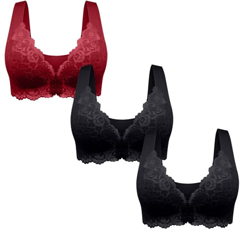 SYDUZAX Front Fastening Bra for Women Multipack Wirefree Sexy Lace Lift Up Bra No Underwire Push Up Padded Bra Comfort Everyday Bra Front Closure Wide Strap Sports Bras Underwear Pack of 3