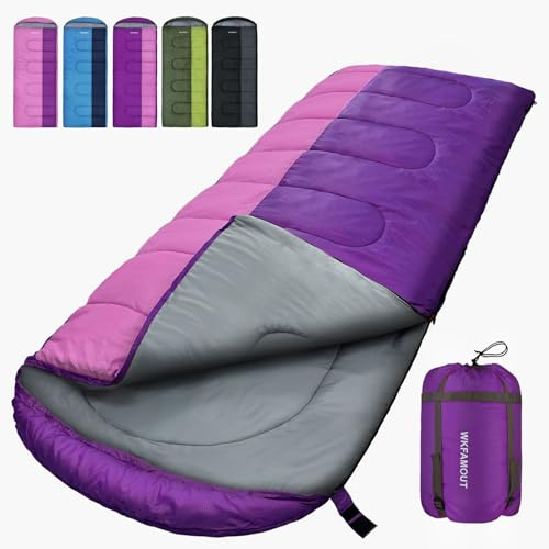 WKFAMOUT XL Schlafsack Outdoor 10℃ Deckenschlafsack für Erwachsene Maschinenwaschbar Schlafsäcke 3–4 Jahreszeiten mit Kompressionssack Camping Wandern 220x85CM Lila