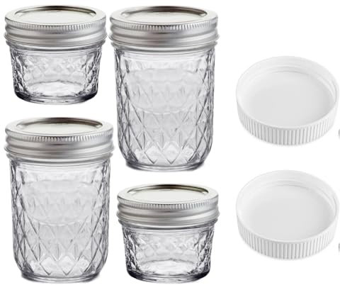 Quilted Crystal Design Regular Mouth Mason Jars Bundle with Lids and Bands - Two of Each 4oz & 8oz Canning Jars for Storage & Display - with Extra Two Plastic Lids for Jams, Jellies & Sauces
