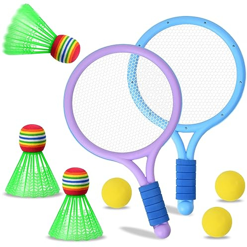 Wisebom Kid Tennis Racket Sets, 2 Plastic Badminton Racket with 3 Badminton and 3 Tennis Balls, Children Tennis Racquet for Boys Girls Leisure Sport Tennis Badminton Beach Outdoor Training Play
