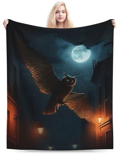 hihihihihihihihi Decke Eule im Mondschein – Flüsterende Bäume und stille Flügel, umhüllt Gemütlichkeit, ideal für Abende und gemütliche Ecken, ein magisches Geschenk für Nacht-Eulen, 101,6 x 127 cm