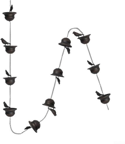 Zilimontt Cadena de lluvia de pájaros de hierro de 2,4 m, atrapador de agua de lluvia al aire libre, colgante móvil 8 atrapadores de lluvia, decoración de canalón de cadena de lluvia, para decoración