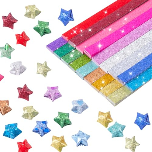 SUNNYCLUE 720 feuille de Papier Origami Pailleté de 18 couleurs Bandes de Papier Étoile Porte Bonheur Colorées Rose Violet Jaune Bleu Vert pour Projets D'Artisanat de Bricolage Fournitures de Décorati