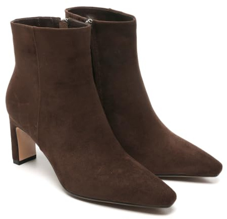 Braune Wildleder-Stiefeletten für Damen, spitzer Zehenbereich, klobig, hochhackig, Herbst, elegante kurze Stiefel mit Reißverschluss, Schokobraun, 42 EU