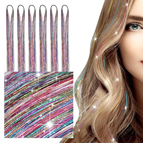 Hair Tinsel Glitzer Haare, 1200 Strands 47 Inches Mischfarben Glitzer-Lametta-Haarverlängerungen, Glänzende Bunte Feenhaare Haar Lametta Glitzer Haarsträhnen für Frauen Kinder Cosplay Party