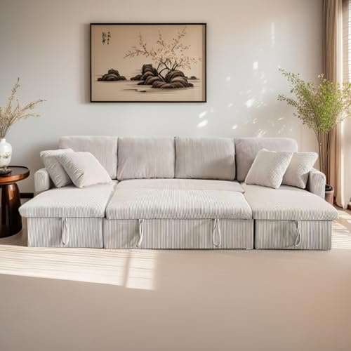 CONCEPT USINE | Divano Panoramico convertibile MAHÉ 4 posti | Velluto a Costine Beige | con Cassette portaoggetti | Ampio letto 267 x 110 cm | Design moderno e pratico | Comfort e robustezza