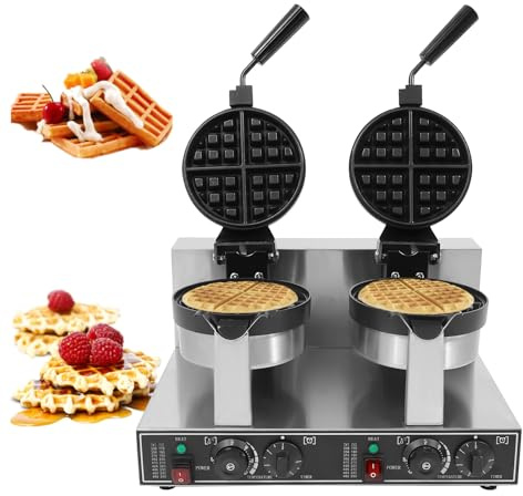 Commercial Waffle Maker Machine, 2400W Double Head Round Waffle Baker Machine with Temperature Control, 201 Stainless Steel Professional Waffle Maker for Restaurant, Breakfast, Party Use