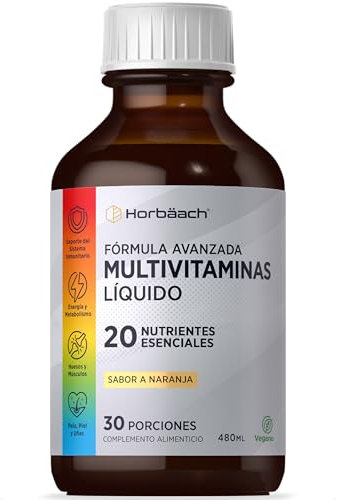 Multivitamines Liquide | 480 ml | Complément Alimentaire Vegan Avec 20 Nutriments Essentiel | Vitamine C, A, D, B6, B12 et Acide Folique et Plus | Homme et Femme | Multivitamin Liquid | par Horbaach