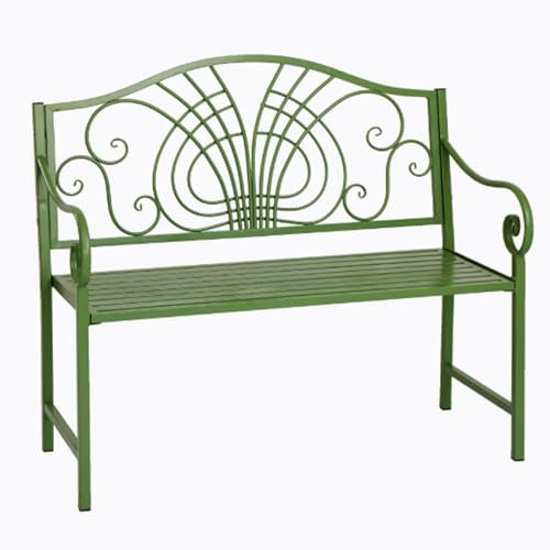 QSNYJPL Grüne Gartenbank für Draußen, 110 cm, Parkbank aus Gusseisen, Rostfrei, Wetterbeständig, Terrassenbank mit Wunderschön Gemusterter Rückenlehne für Veranda, Hinterhof, Rasen
