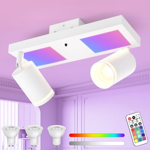 YindaLux Deckenstrahler LED mit Fernbedienung RGB Farbwechsel 17W 2300LM | Weiß RGB Deckenleuchte 2 Flammig mit Unteres Glühen, Inkl. GU10 Leuchtmittel, Schwenkbar Strahler Lampe für Wohnzimmer