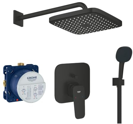 Grohe Duschsystem Unterputz mit Duscharmatur Grohe schwarz GSK01 | Duscharmatur von Grohe Cubeo Einhebelmischer und Grohe Regendusche Duschkopf eckig, Dusch-SET schwarz matt