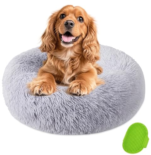 KIMIGO Cama Perro,Felpa Camas para Gatos,Cama para Perros Redonda con Cepillo de Baño,Cojines Suave Extraíble y Lavable,50 cm de Diámetro,Base Antideslizante,para Gato Y Perros Medianos Pequeños