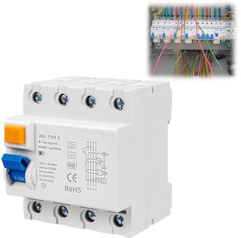 Kocusu Disjoncteur Différentiel FI 63 A 30 mA 4 pôles, FI type B, Interrupteur à Courant Continu avec Fusible Automatique pour Colonne de Charge,Onduleur,Boîte Murale