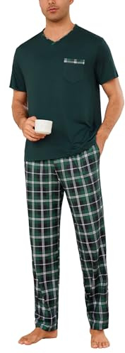 Leversic Pigiama Uomo Estivo con Maniche Corte Scollo a V Pantaloni Lunghi a Contrasto a Quadri Comodo 440-Verde M