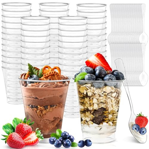 JEDWKFA 60 Stück Desserttasse mit 60 Stück Löffeln, 80 ml Dessertbecher | Wiederverwendbar Dessertgläser plastik, Rund Harte Dessertgläser für Zuhause Dessert, Pudding, Mousse