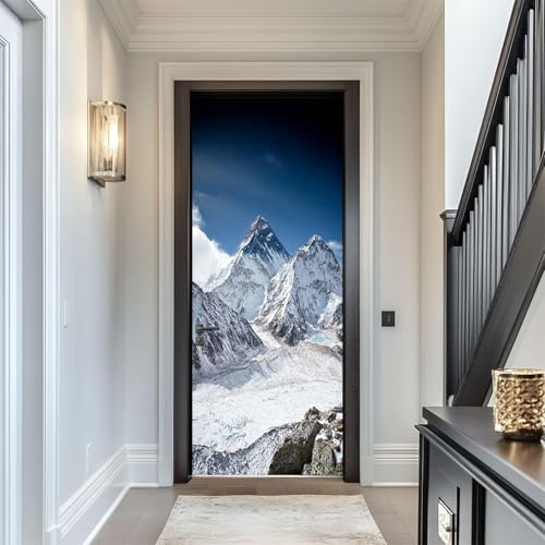 Selbstklebend Türbekleben Schneebedeckte Berge Türtapete 77x200 cm, TürPoster Schneegipfel Türbilder 3D Türaufkleber Dekoration Poster Tapete Türfolie, PVC Fototapete Wandtattoo Tür Tapeten m.1010