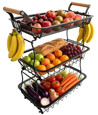 KEBMCHN Cesta Frutas 3 Niveles con 2 Ganchos para Plátanos, Negro | Fruta para encimera de cocina, almacena cebollas patatas pan aperitivos verduras, soporte almacenamiento