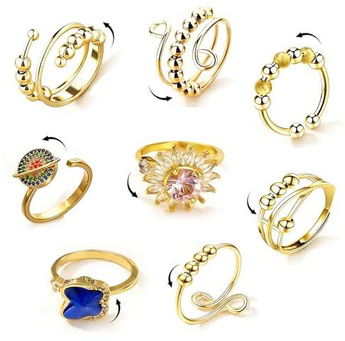 DASHUI 8 Stück Anxiety Ring Gold, Antistress Ring, Verstellbar Antistressring
